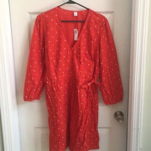 Red with white flowers linen wrap dress - size lg